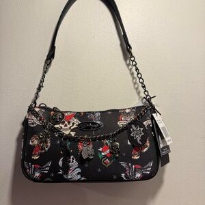 Ed Hardy Tattoo Print Shoulder Bag with gothic charms NEW RELEASE